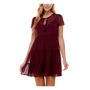 CITY STUDIO Womens Baby Doll Mini Dress Burgundy Short Sleeve Lined Juniors XXS